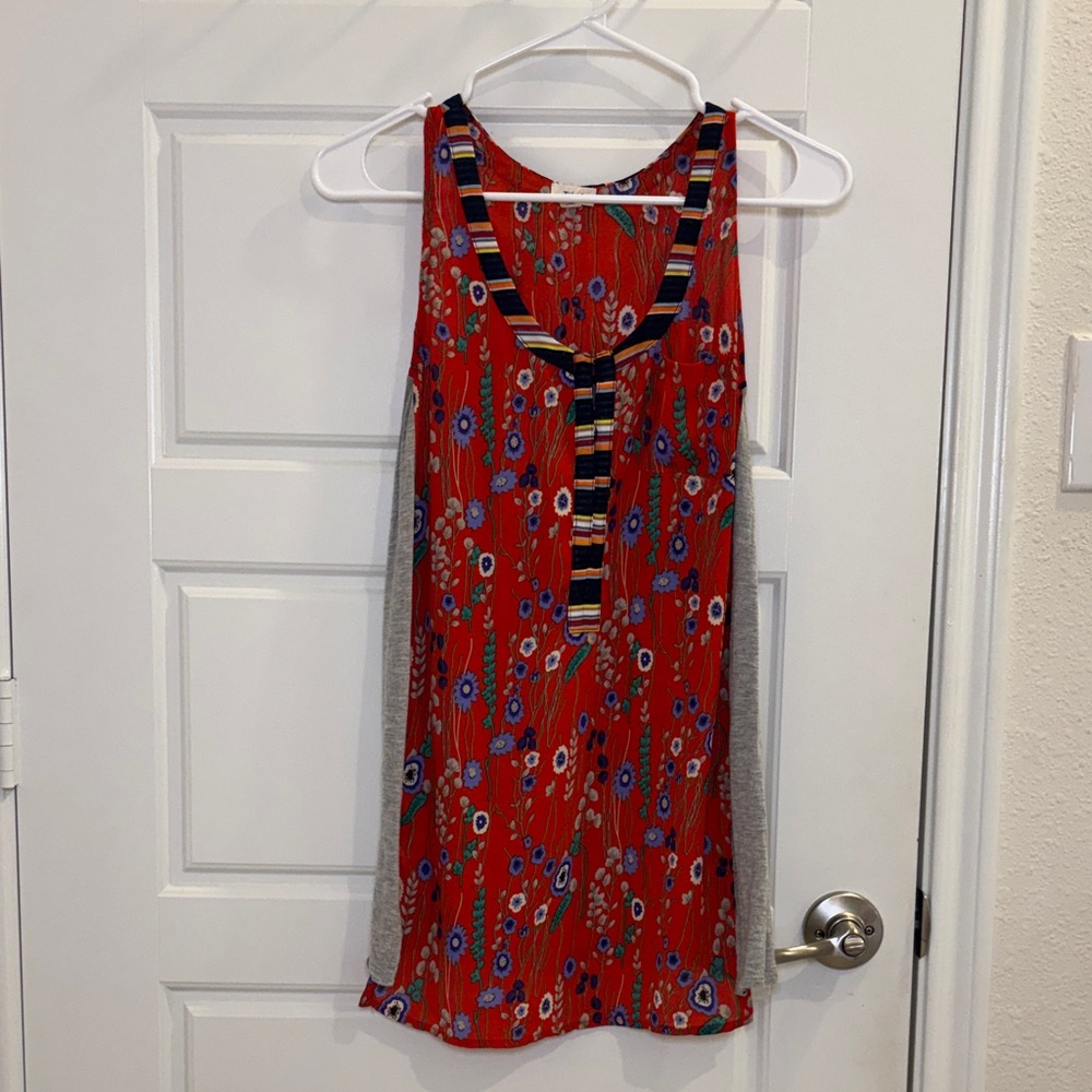 Tiny Floral Mixed Media Tunic Blouse Sleeveless Top Size S